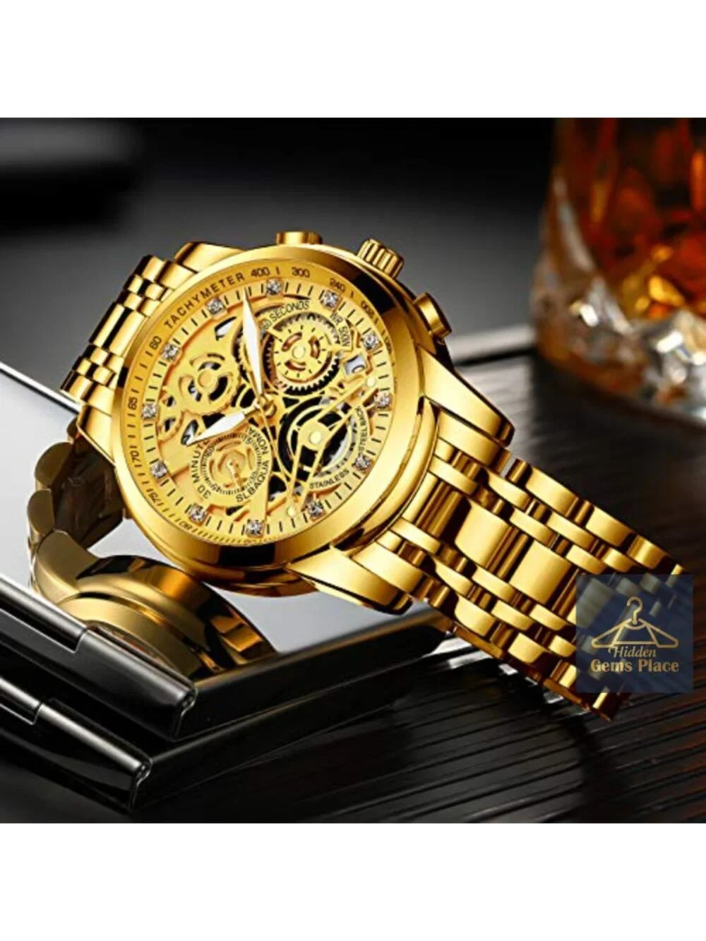 Men's Stainless Steel Quartz Watch, Skeleton Dial Chronograph, 3ATM Waterproof